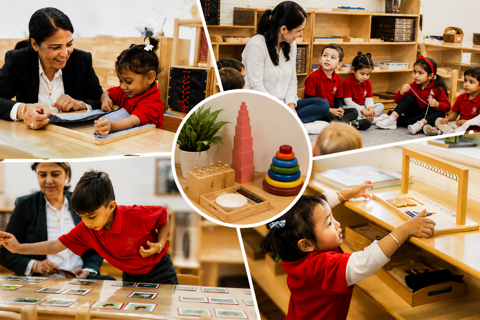 “Montessori teacher guiding young children through hands-on learning activities using Montessori materials in a bright and welcoming classroom.”